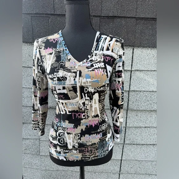 Y2k Abstract Print V-Neck Women's Top - Picture 1 of 5